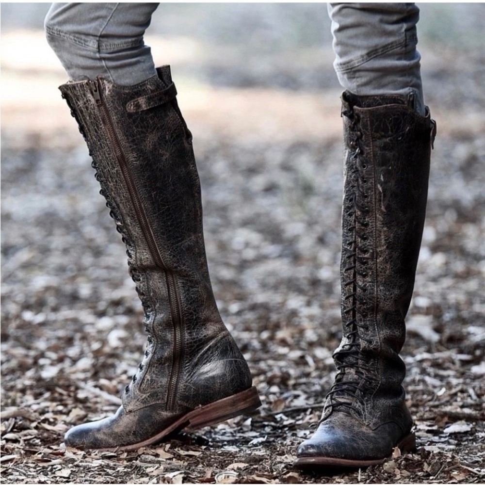 BED‎ STU Della Tall Lace Up Zip Knee High Boots Black Leather Distressed Size 6